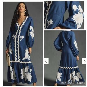 Farm Rio Embroidered Long Sleeve Linen Blue White Applique V Neck Maxi Dress XS*